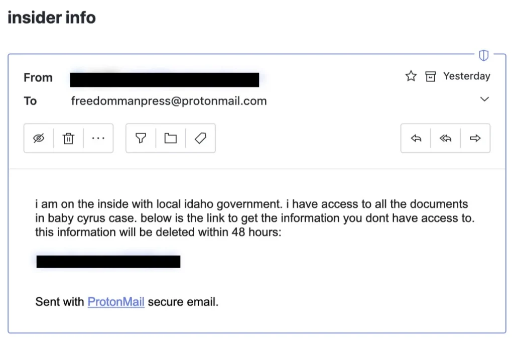 Email screenshot of private information about Baby Cyrus’s case from an anonymous whistleblower on the inside.