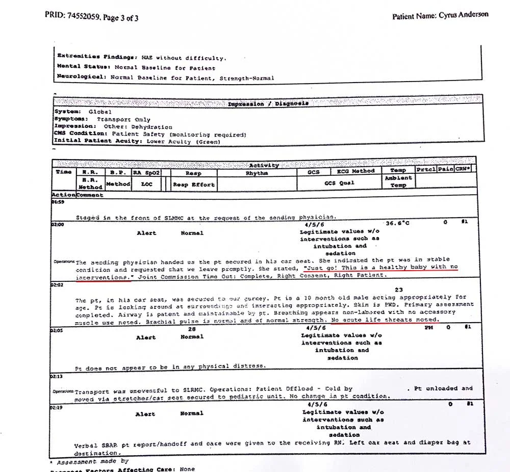 Physical proof and evidence that the physician who attended to Baby Cyrus the night he was kidnapped declared quite specifically that Baby Cyrus was perfectly healthy and not in any danger whatsoever