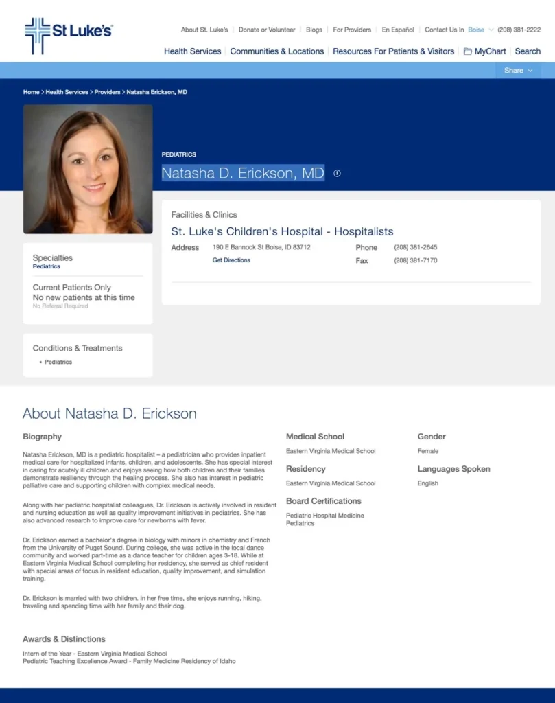 Natasha Erickson's Bio page on the St. Luke's website